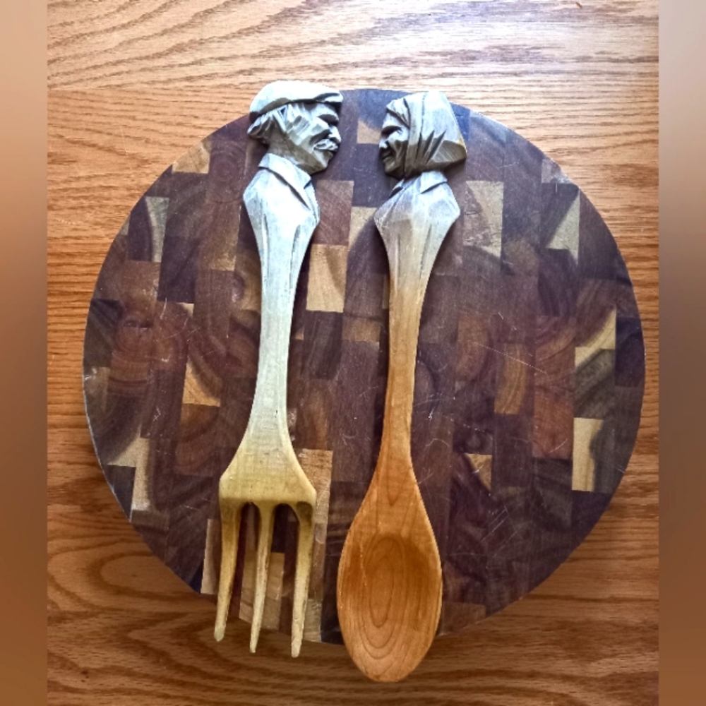 Vintage Hand carved salad servers, a spoon and fork
